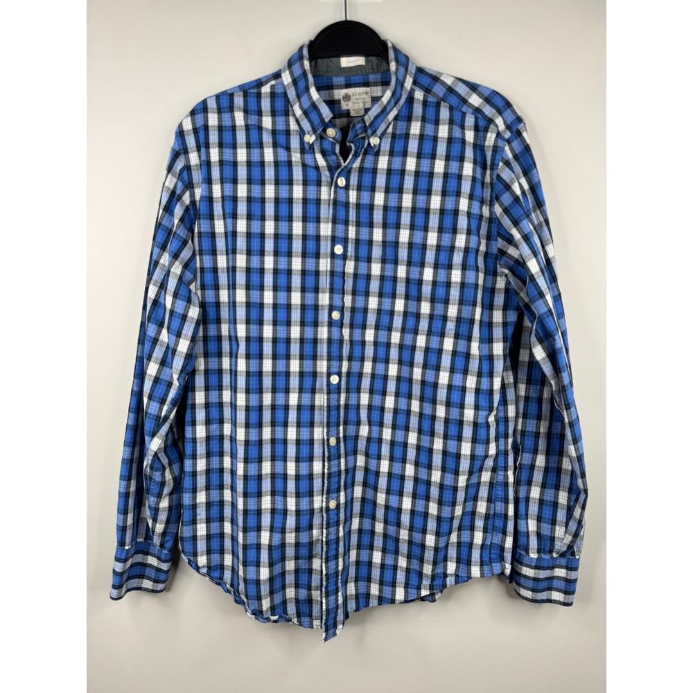 J.Crew Mens Tailored Fit Plaid Button Down Shirt Blue White Black Cotton Medium